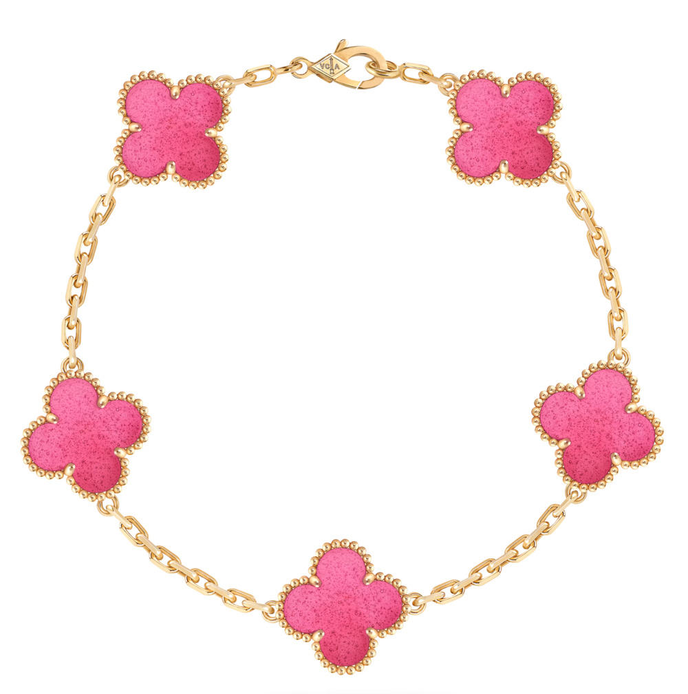 Van Cleef and Arpels VCA Vintage Alhambra Bracelet 5 Motifs Pink Enamel Gold